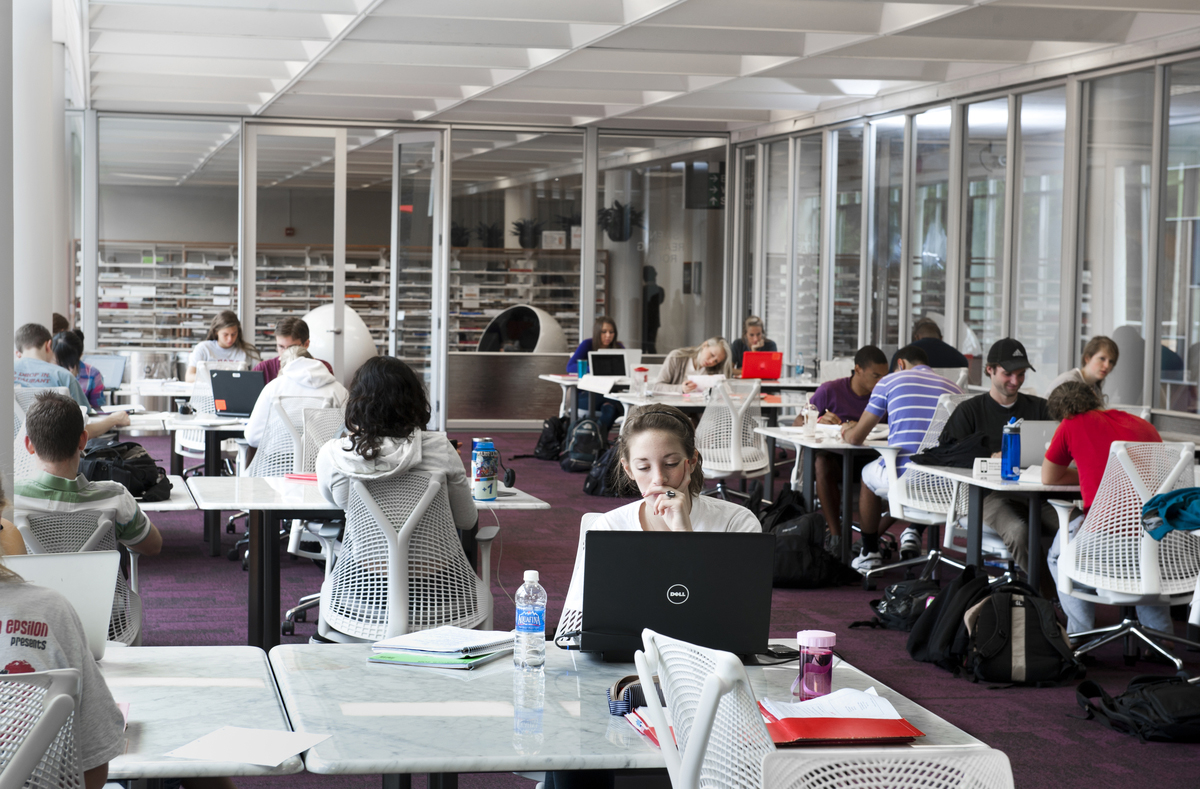Students use the interior spaces at D.H. Library.