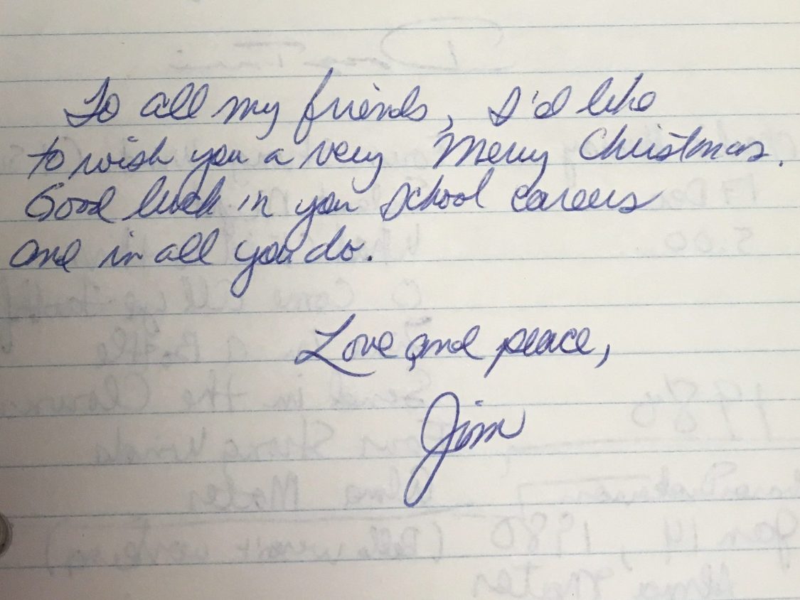 handwritten Merry Christmas note wishing carillonneurs good luck in their future endeavors from Jim Way