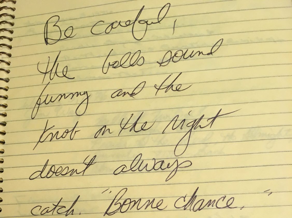 handwritten message about the bells sounding funny, ending with "bonne chance"