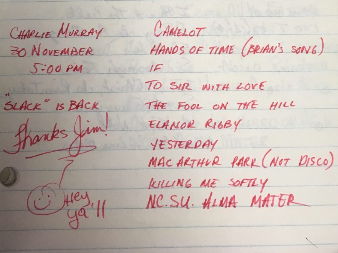 handwritten entry of carillon songs with many pop hits including one that is noted as not being disco