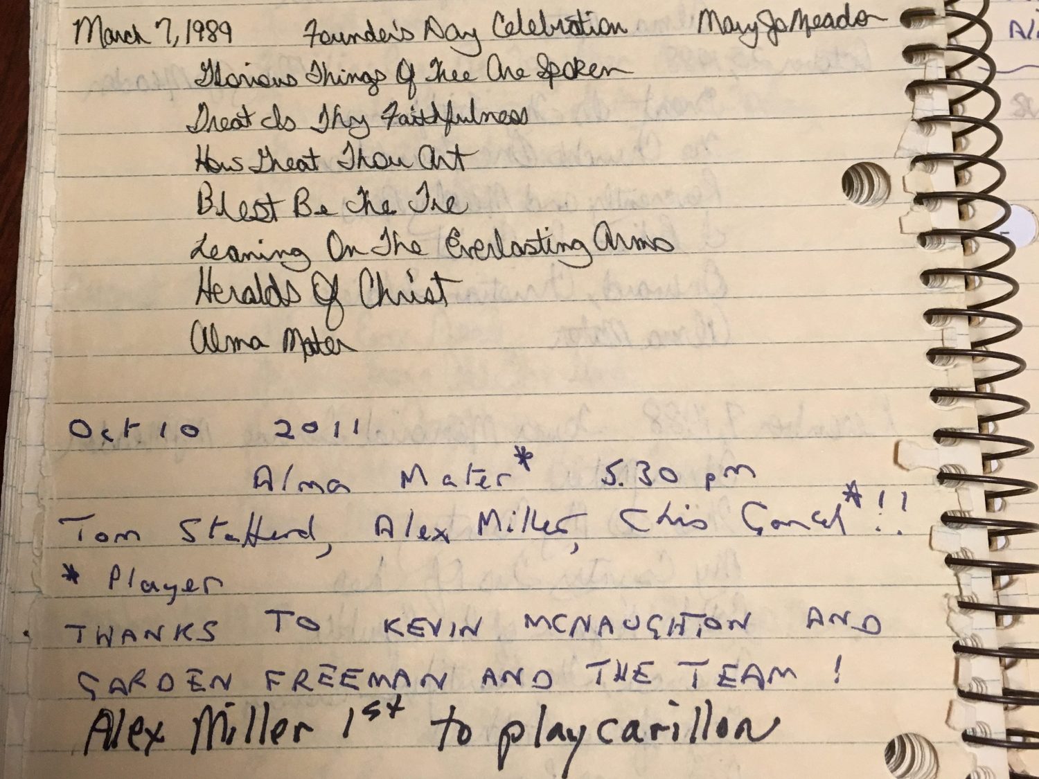 handwritten message in carillon notebook noting it was played in 2011, 22 years after last entry