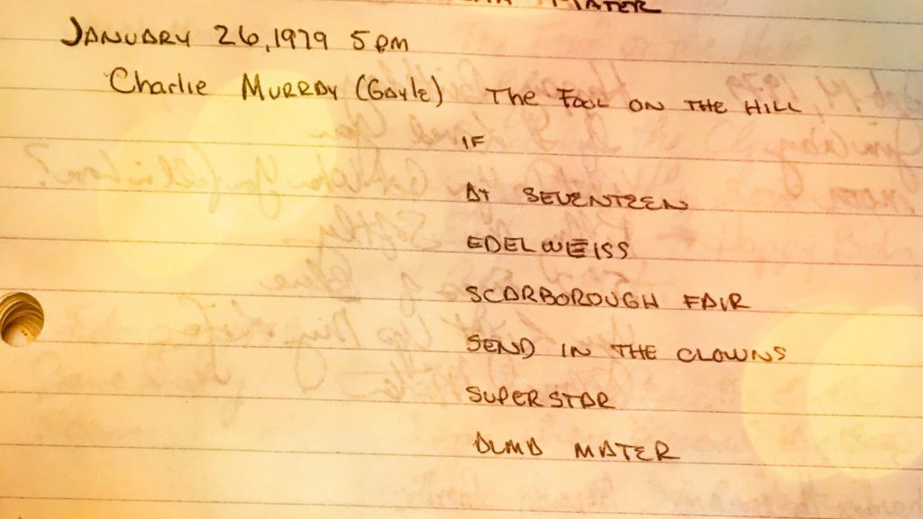 A handwritten list of songs which were played on the carillon on Jan 26, 1979.