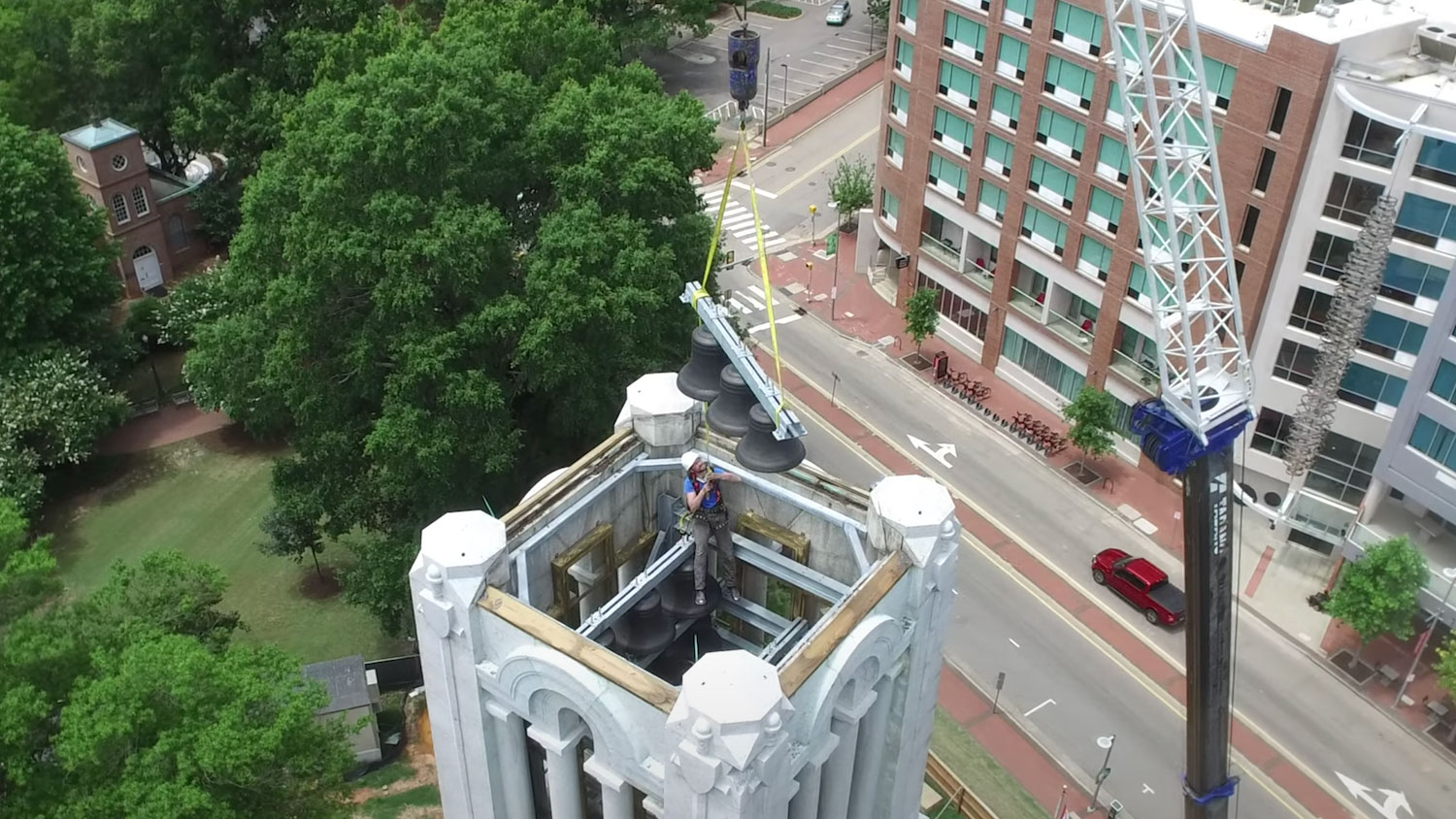 Drone footage of the Belltower bells being installed