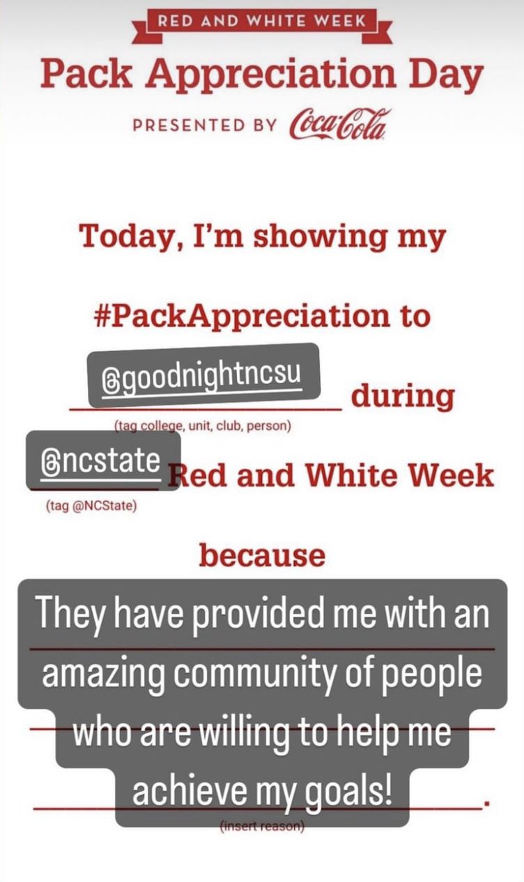 instagram story screenshot from a student showing Pack Appreciation to the Goodnight Scholars because of the community of people they've found