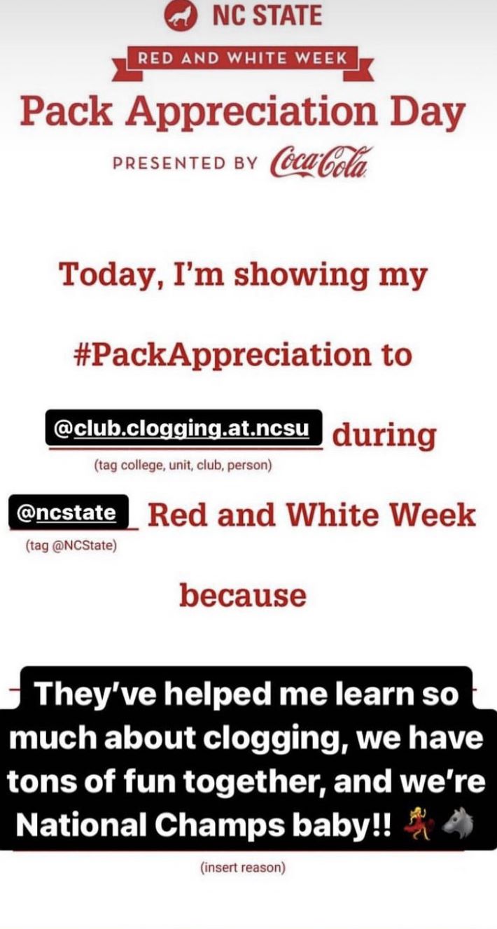 instagram story screenshot from a student showing Pack Appreciation to NC State clogging because of the fun they had and being national champs