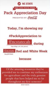 instagram story screenshot from a student showing Pack Appreciation to CALS because of the people that helped them