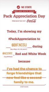 instagram story screenshot from a student showing Pack Appreciation to Bridges International and International Friends because of forging friendships that feel like family