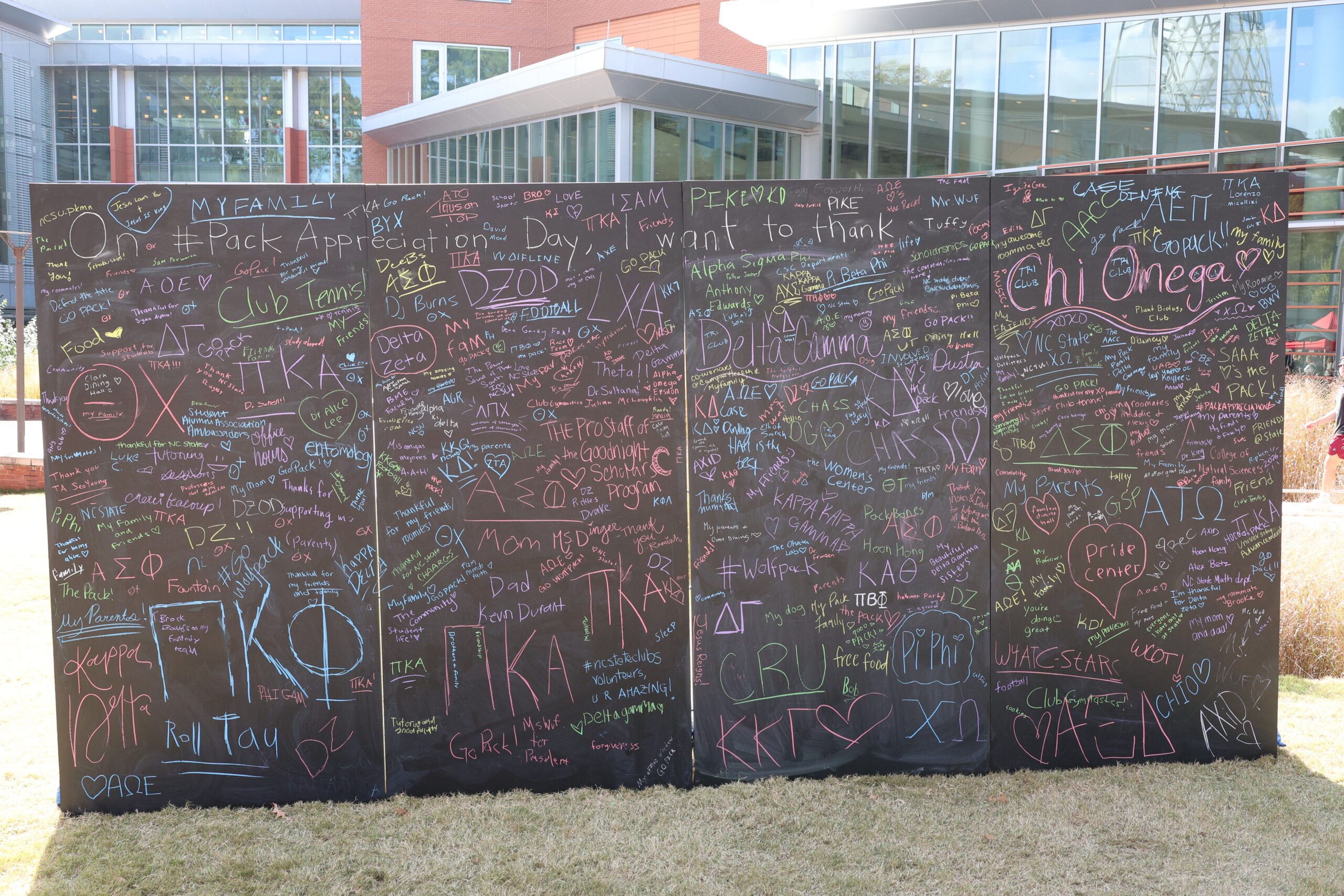 The Pack Appreciation Day chalkboard filled with messages.