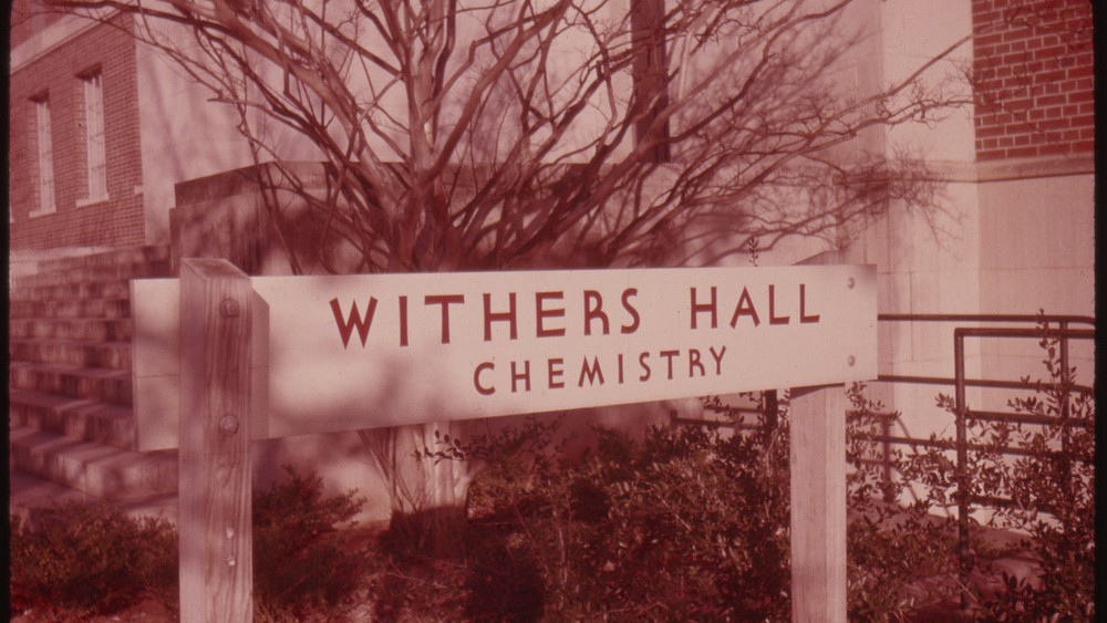 Sepia toned archival photo of Withers Hall sign